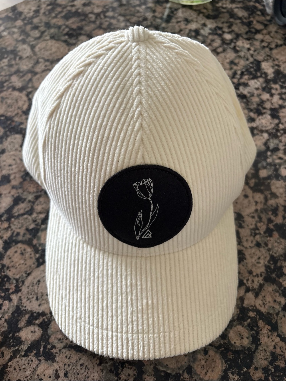 Cream Ribbed Corduroy Baseball Cap with Floral Patch